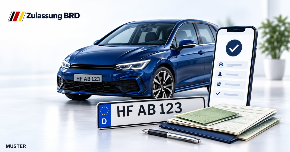 Online Fahrzeugzulassung in Kirchlengern: Musterkennzeichen HF AB 123, Auto und Fahrzeugpapiere und Smartphone. Illustration mit Logo von Zulassung BRD.